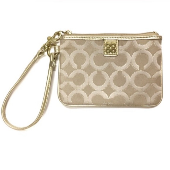 Coach Julia Op Art Signature Gold Light Khaki Beige Canvas Small Print Wristlet - Picture 1 of 9